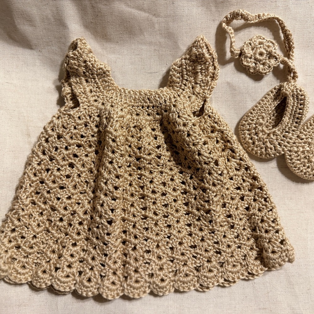 Handmade Crochet Baby Dress and Booties Set